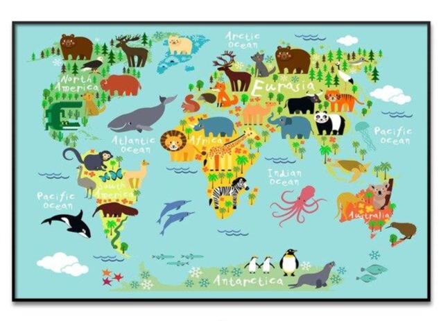 Toile Carte du Monde Enfant Animaux Amusants