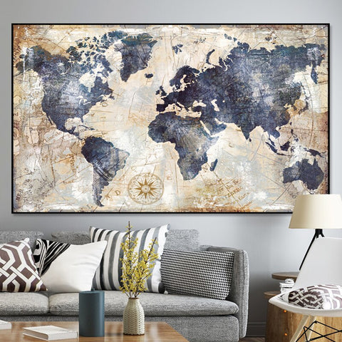 Vintage World Map Watercolor Oil Painting on Canvas Posters and Prints Scandinavian Wall Picture for Living Room